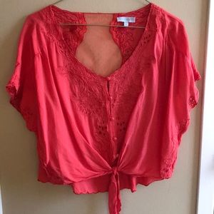 Coral front-tie blouse